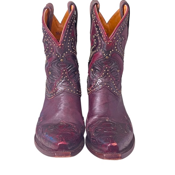 Lucchese Boots Red Tooled Leather Western Cowgirl Womens 7.5 Snip Toe Studded - Picture 4 of 13